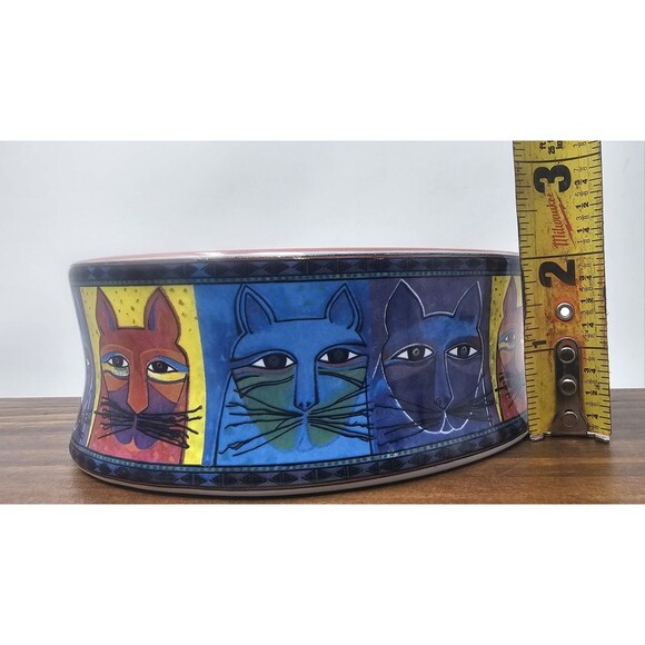 Vtg Laurel Burch Ceramic Cat Food Water Bowl Colorful Whimsical Cat Design 5-1/4 - Picture 12 of 13